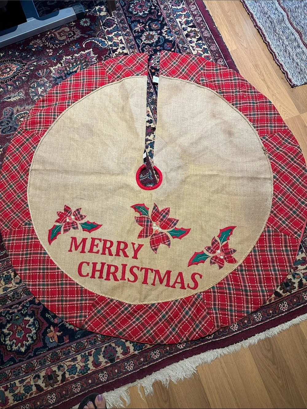 Merry Christmas Burlap Tree Skirt with Red Plaid Trim